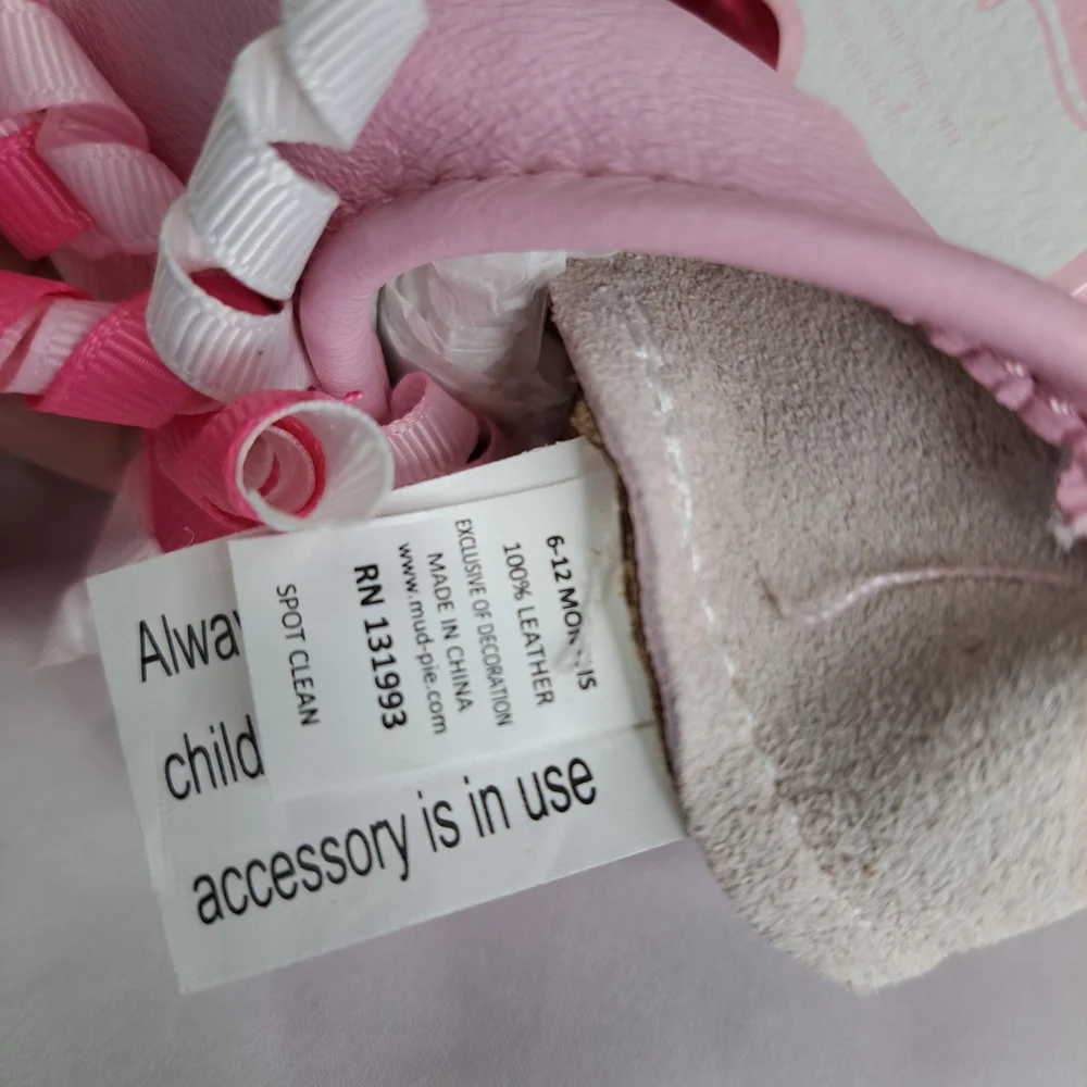 'MUD PIE' LEATHER SLIP-ON SHOES BABY GIFT SET CURLY GROSGRAIN ACC. ROUND TOE